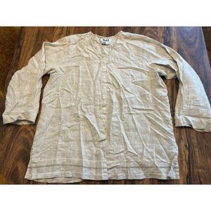 Women's FLAX Tunic Top Pull Over Button Placket 100% Linen Tan Gray Sz L